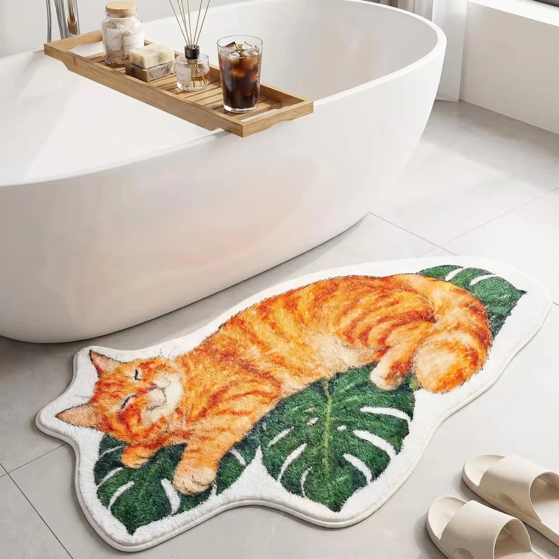 VIKAMA “Sound Sleeping” Orange-Spotted Cat Rug, Non-Slip Bathroom Door Mat, Soft Plush Bedroom Bedside Rug, Home Decor