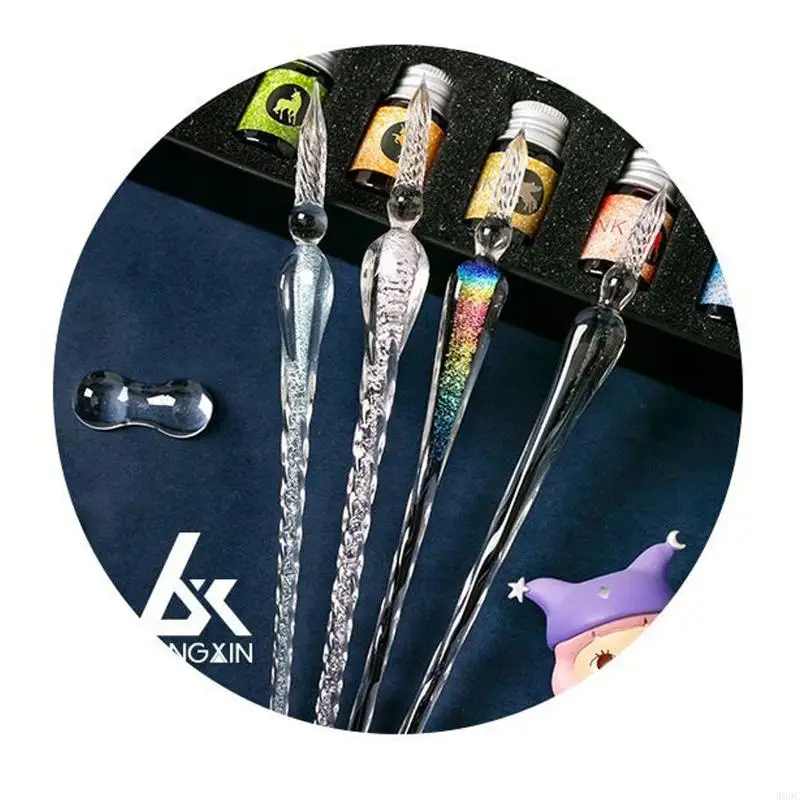 W89C 15 pezzi Crystal Glass Reg Reput Set Glitter Dip Pen con inchiostro a 12 colori per bambino