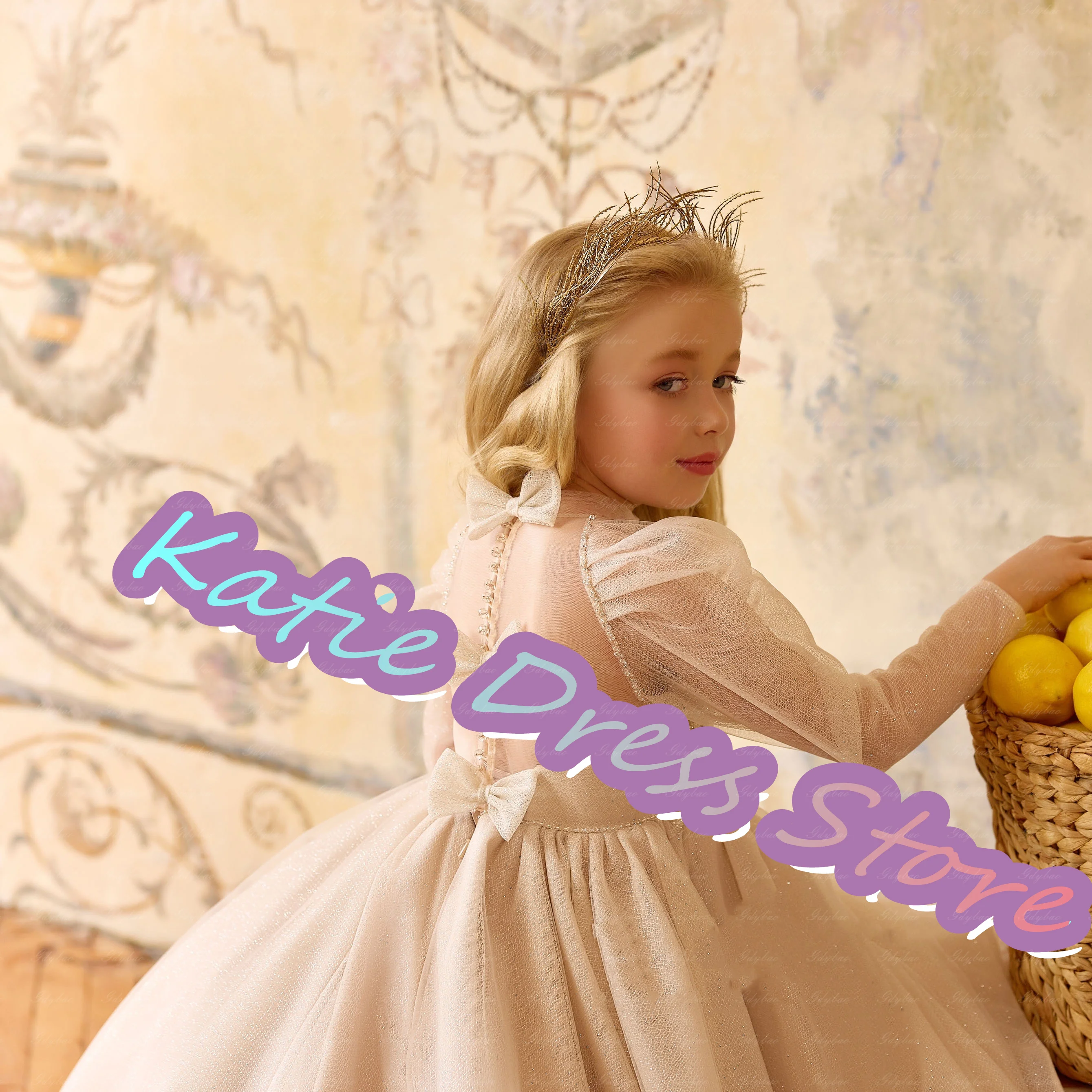 Robe à fleurs élégante personnalisée pour filles, pour mariage, en Tulle, avec des appliques bouffantes avec nœud, robe de princesse pour fête d'anniversaire pour enfants, première Communion