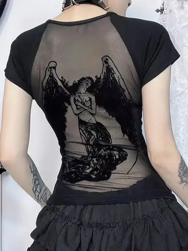 Black Retro Angel Print T-shirt for Women 2024 Spring Fashion Slim Fit Tee Shirt Y2k E-Girl Long Sleeve Bottoming Tops Mujer New