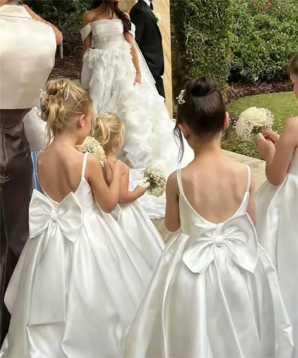 فستان زفاف أنيق مخصص لفتاة الزهور من الساتان بدون أكمام مع فيونكة للأطفال فستان حفلات التواصل الأول #2