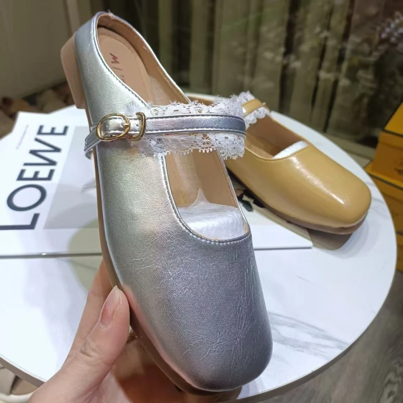 

Lace Women Flats Shoes Summer Slippers 2025 Sandals Designer Brand Square Toe Leather Flip Flops Woman Shoes Slingback Slides