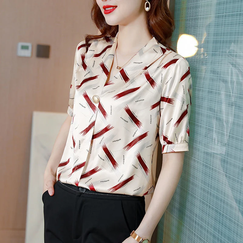 Women High Quality Satin Silk Floral Print Blouse Summer Stylish Vintage Elegant Shirts V Neck Short Sleeve Tops Blusas De Mujer