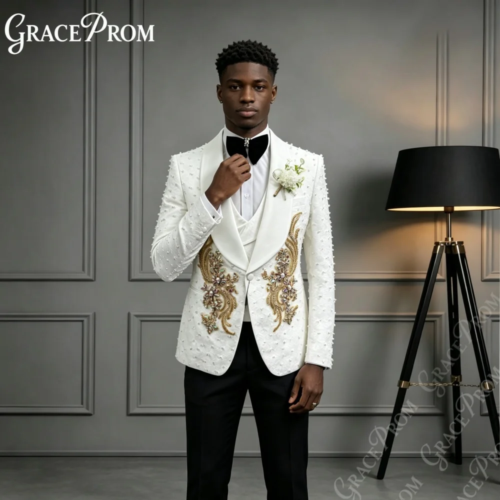 Opulent Pearl Covered Men Tuxedo 3 PCS Formal Party Wear Premium Shawl Slim Fit Suit Sets Golden Floral Wedding Groom Suits