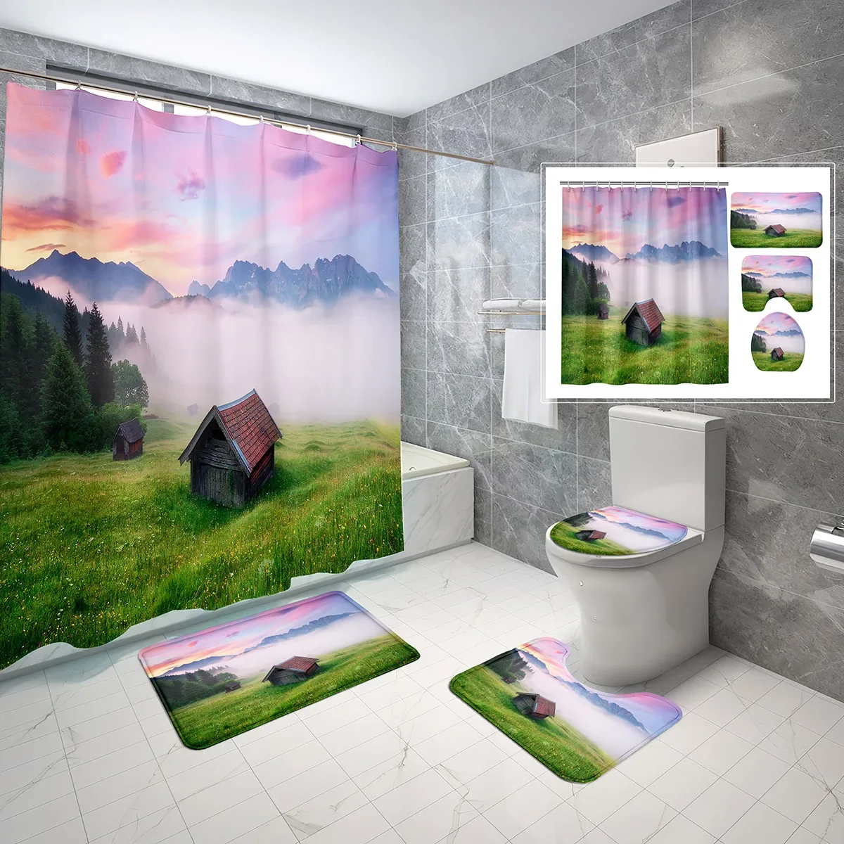 

4 PCS Country Landscape Shower Curtain Sets,Nature Grass Valley Cloud Waterproof Bath Curtain,Non-Slip Bath Mat Toilet Cover Set
