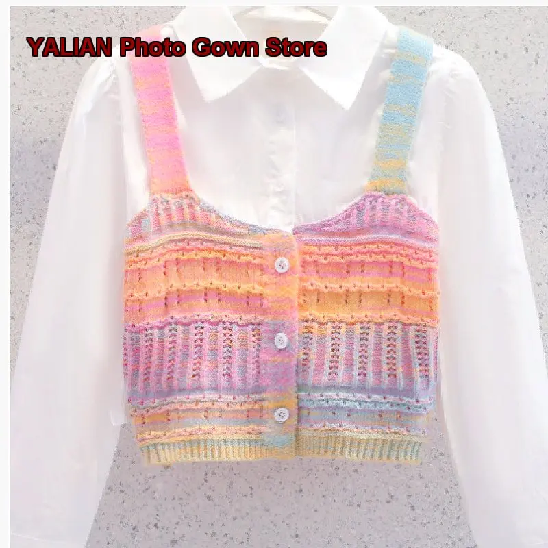 Girls Cardigan Two-Piece Look Spring Autumn Rainbow Knit Top with Vest Style Kids