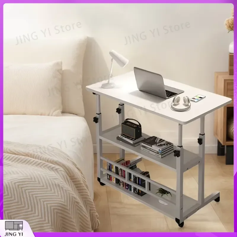 Height Adjustable Rolling Computer Desk with Wheels Mobile Study Table Multi-Layer Storage Laptop Desk Wooden Office Desk for