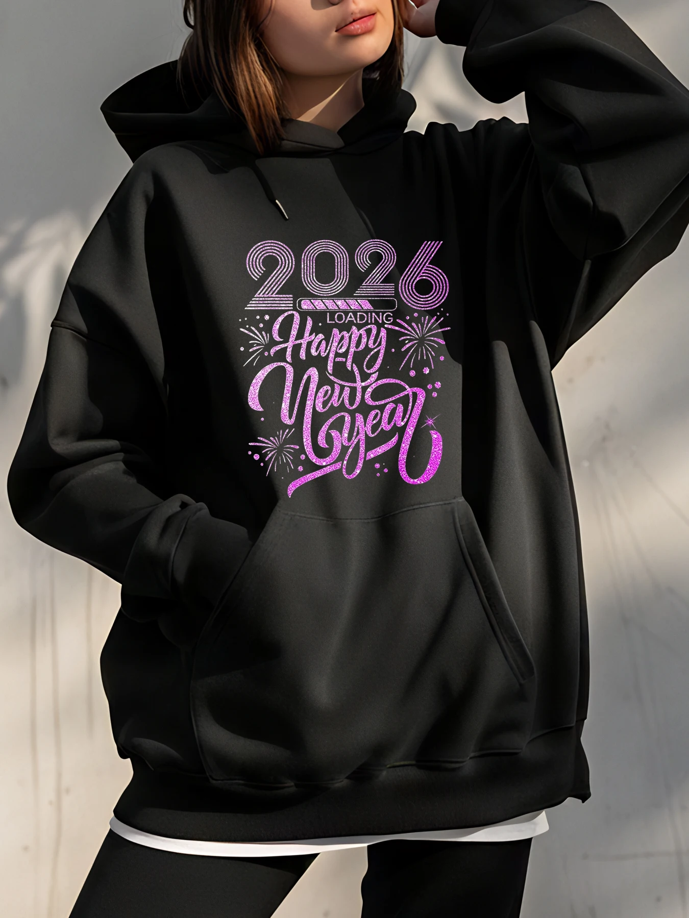2026 Feliz Año Nuevo Loading Sudadera con capucha con diseño brillante para mujer Ropa casual Traje de fiesta