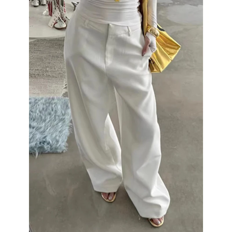 

PBAP Vintage Women Wide Leg Dress Pants Cleanfit Solid High Waist Pockets Loose Straight Suit Trousers Office Formal Clothes