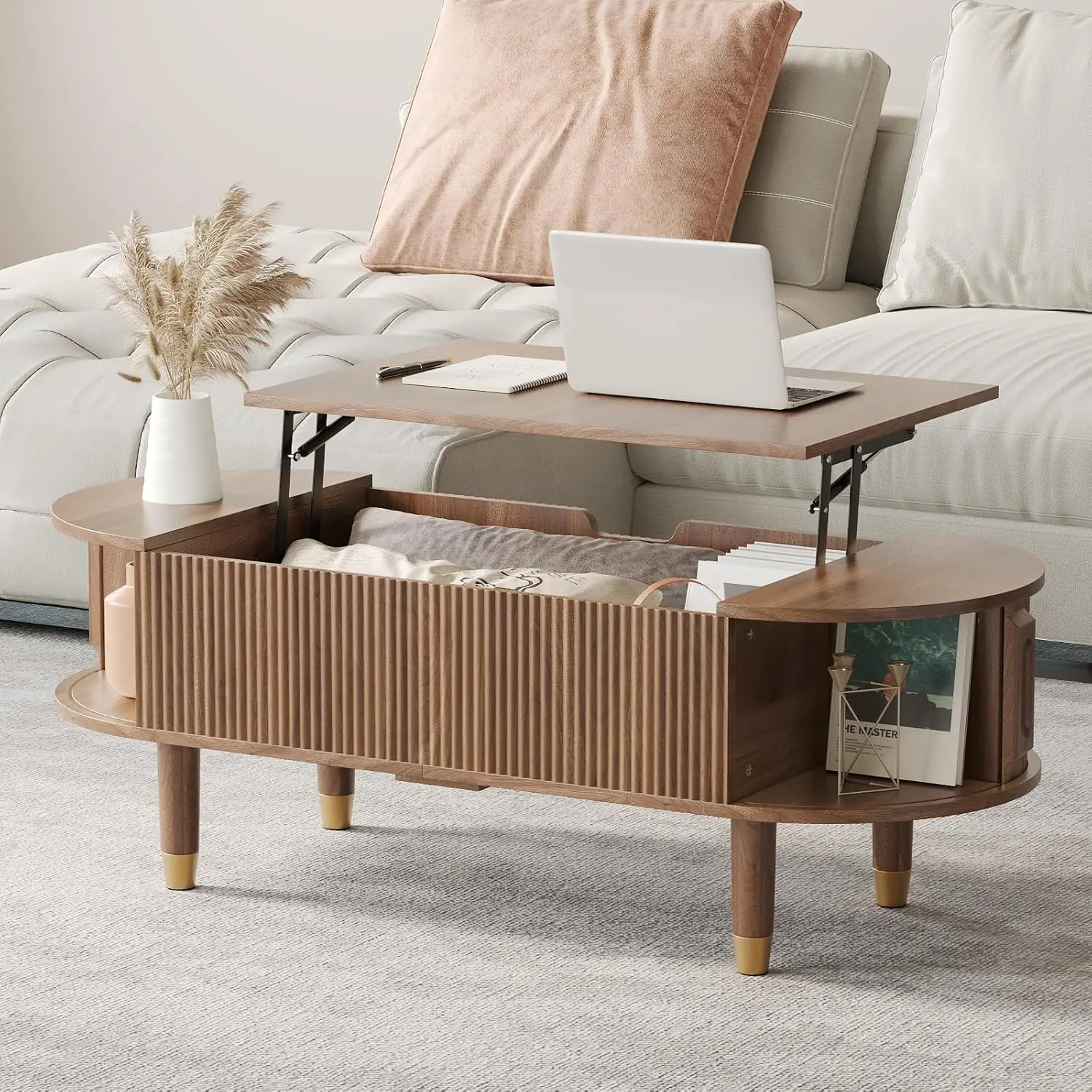 

Oval Lift Top Coffee Table with Storage, 47.2" Mid Century Modern Fluted Center Table with Hidden Compartment Lift, Customized
