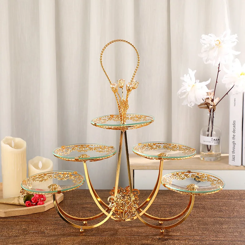 European light luxury high-end three-layer five-plate fruit basket, pattern decorative portable glass fruit plate, fruit plate h