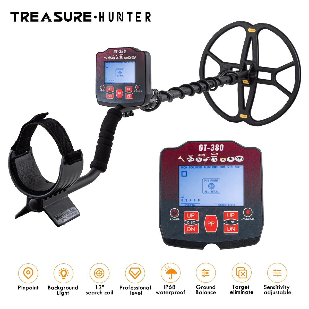 Treasure Hunter GT380 13inch Coil Metal Detector Professional Underground Waterproof Gold Detector Pinpointer High Sensitive