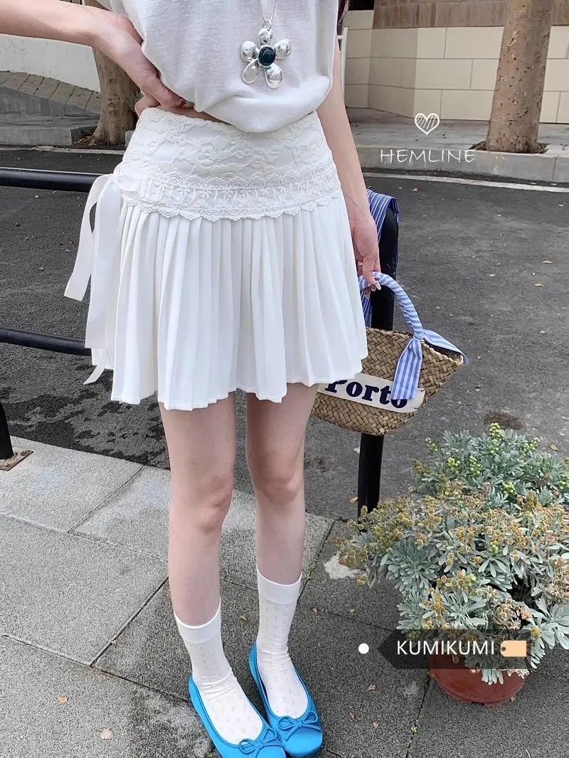 

Lace Women's Summer High Waist A-shaped White Short Skirt Anti-light Pleated Skirt