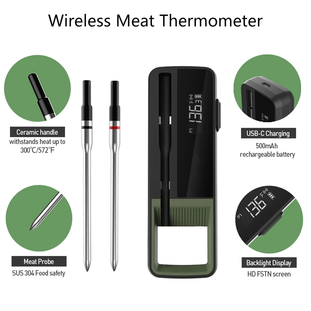

Беспроводной термометр для мяса, цифровой Bluetooth, кухонный термометр, поддержка мобильного приложения, перезаряжаемый с усилителем ЖК-экрана