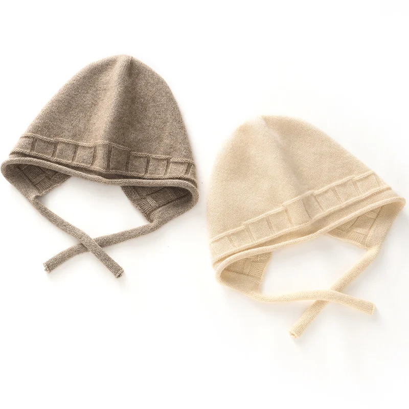 European Fashion 100% Cashmere Hat for Women New Style Tie-up Rolled Edge Casual Hat Ear Protection Knitted Headwrap Hat