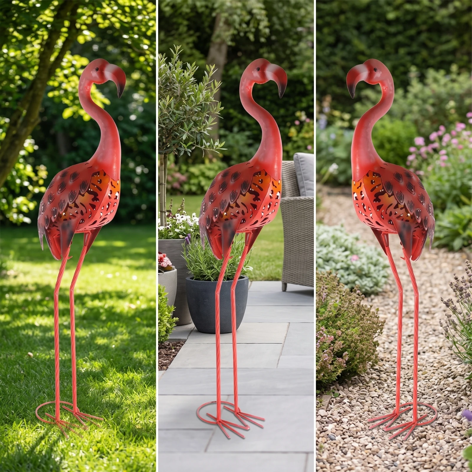 Flamingo Statue with Solar Light Perforated Metal Flamingo Garden Stake Lawn Ornament Weather-Resistant Energy-Efficient