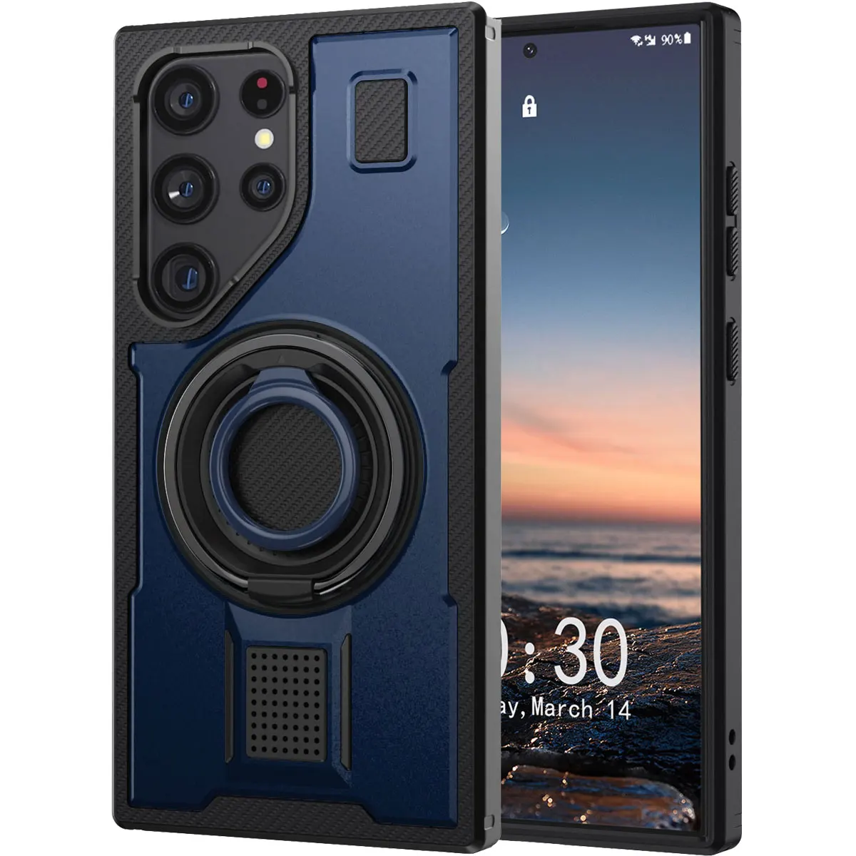 

Для Samsung Galaxy S22 Ultra 5G чехол для телефона гибридный противоударный двойной кольцевой подставка прочный гибридный тонкий жесткий чехол для телефона синий