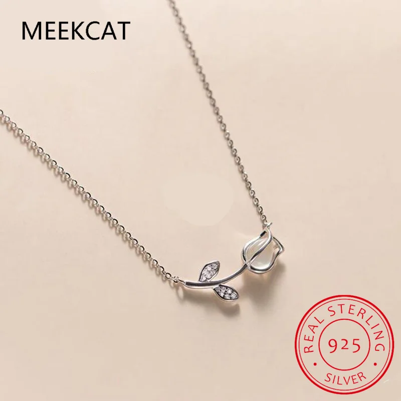 Real 925 Sterling Silver Fashion Mother Gift Tulip Flower Dazzling CZ Necklace For Women Lady Fine 925 Jewelry DE0002