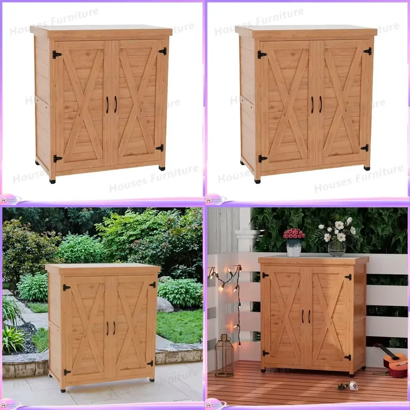 FSS1011 Waterproof Outdoor Garden Bench with Storage Shed Wooden Tabletop Nature Friendly Potted Plant Stand Patio Furniture