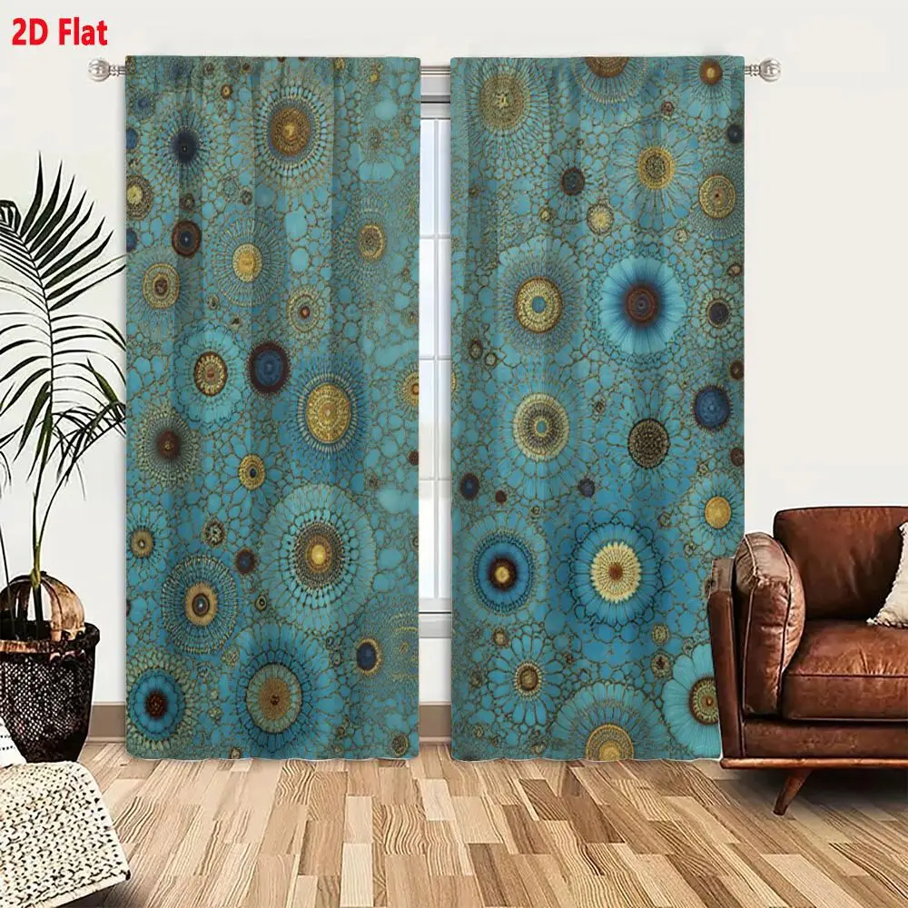 2Pcs Curtains 2D Flat Seamless Intricate Blue Pattern With Concentric Circular Motifs And Gold Brown Accents Delicate Mandala-Li