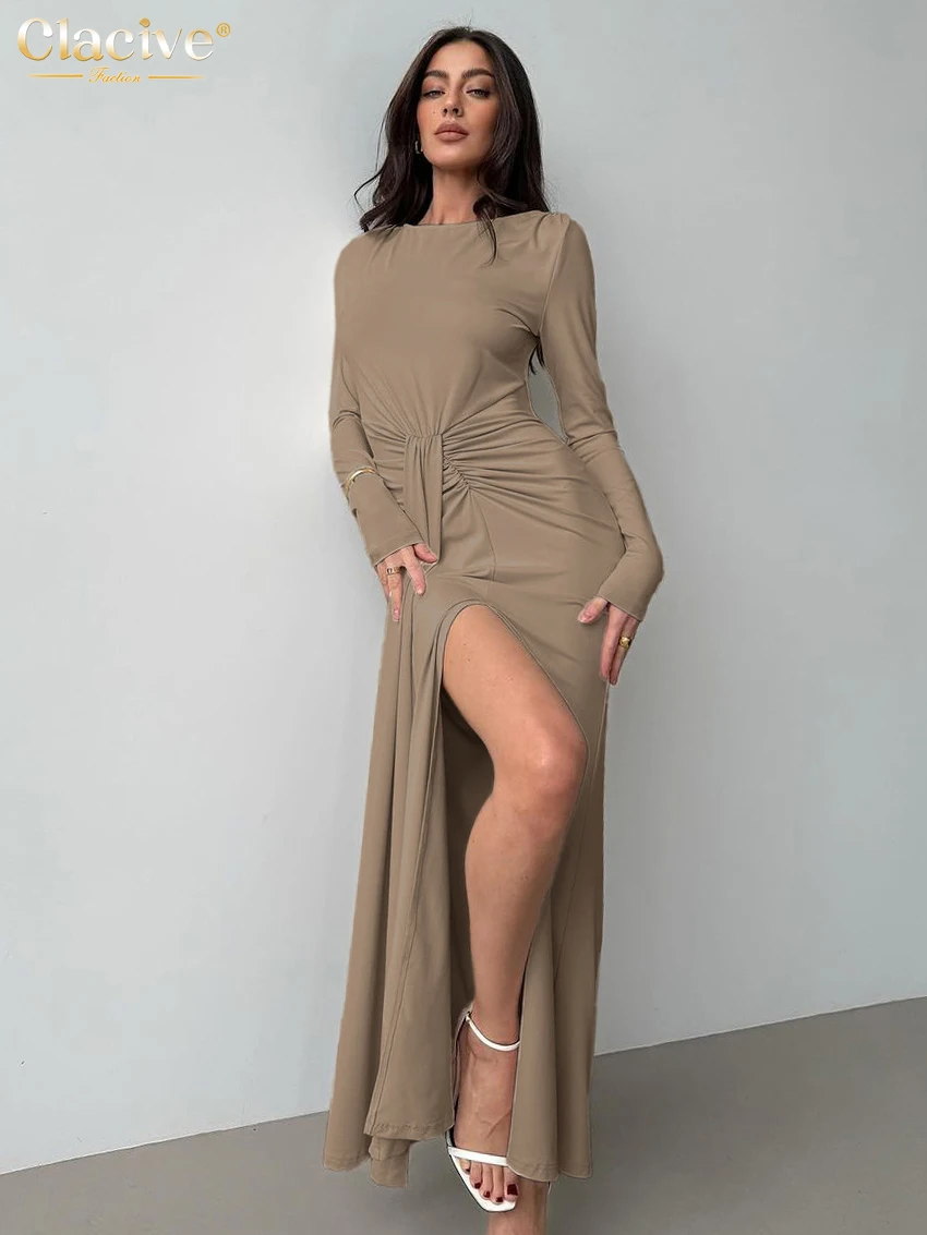 

Clacive Bodycon Khaki Knitted Women Dress 2025 Fashion O-Neck Long Sleeve Ankle Length Dresses Elegant Lace-Up Slit Female Dress