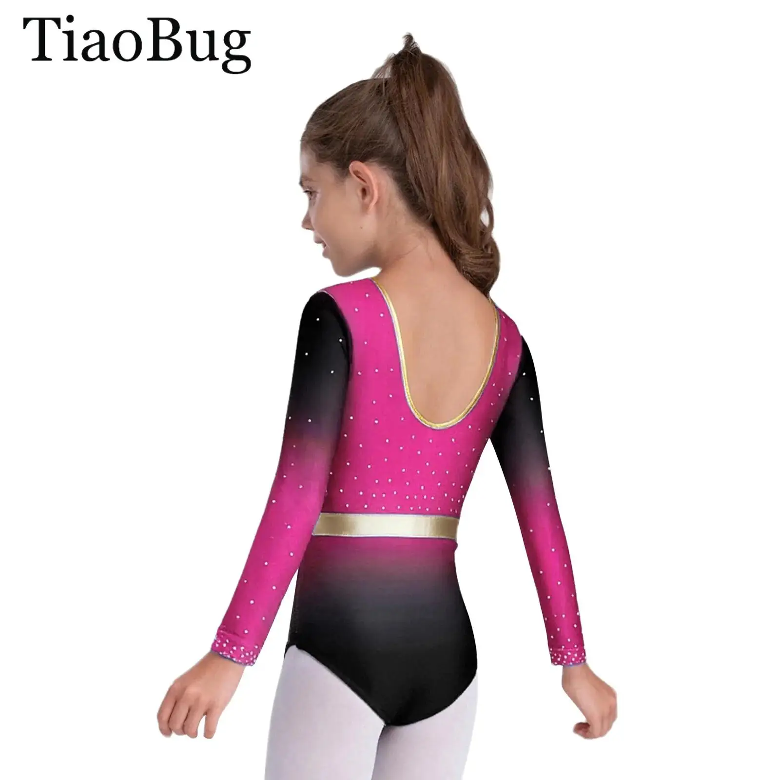 

Kids Girls Gymnastics Ballet Leotard Figure Skating Round Neck Long Sleeve Shiny Rhinestones Performance Bodysuit