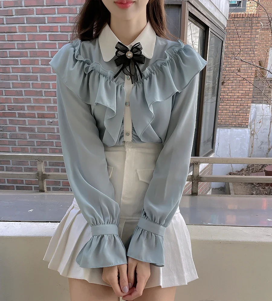 

2023 Fairy Princess Design Girls Women Ruffles Dot Shirt Ribbon Bow Tie Cute Japan Preppy Style Tops Blusas