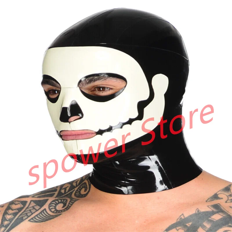 

Natural Latex Full Head Latex Hoods Rubber Mask Fetish Halloween Cosplay Costumes Black with White Back Zip Club Wear