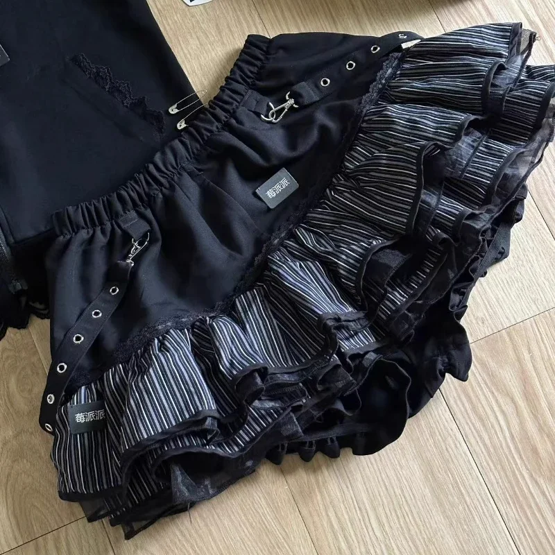 2026 Streetwear Lace Vintage Kawaii Mini Jupe Harajuku Girls Stripe Punk Grunge Skirts Women Y2k Aesthetic High Waist Cake Mini