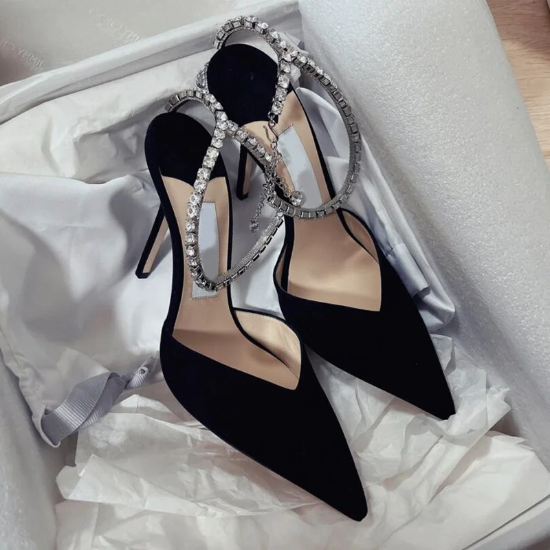 Sexy Little Luxury Crystal Stiletto Heels Fairy Wedding Dress Shoes Women Pointed Toe Narrow Chains Slip-on Glaidator Pumps 2024