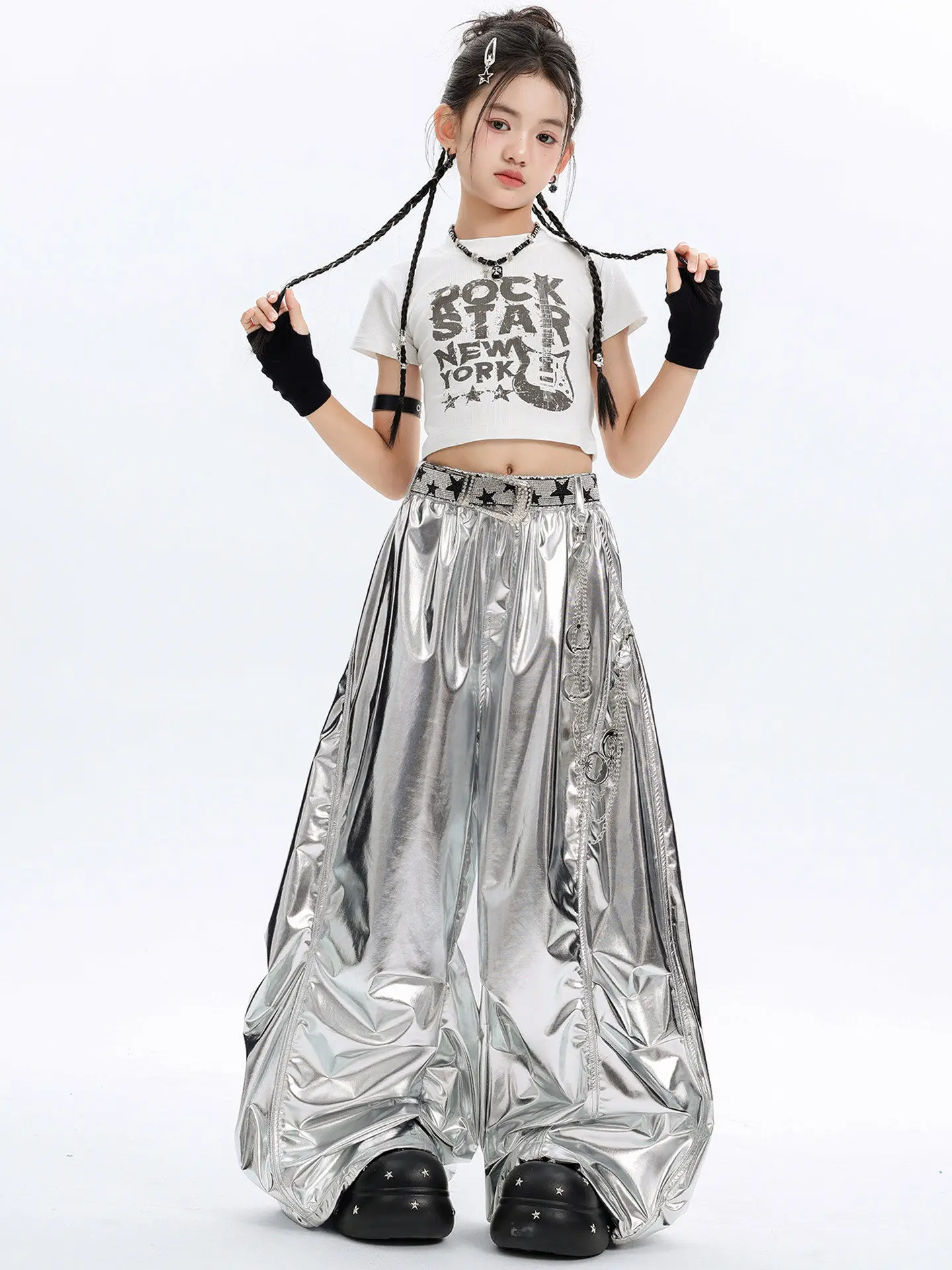 2026-new-children's-groups-top-silver-leather-pants-jazz-dance-performance-clothes-kpop-hiphop-street-dance-costumes-dql12867