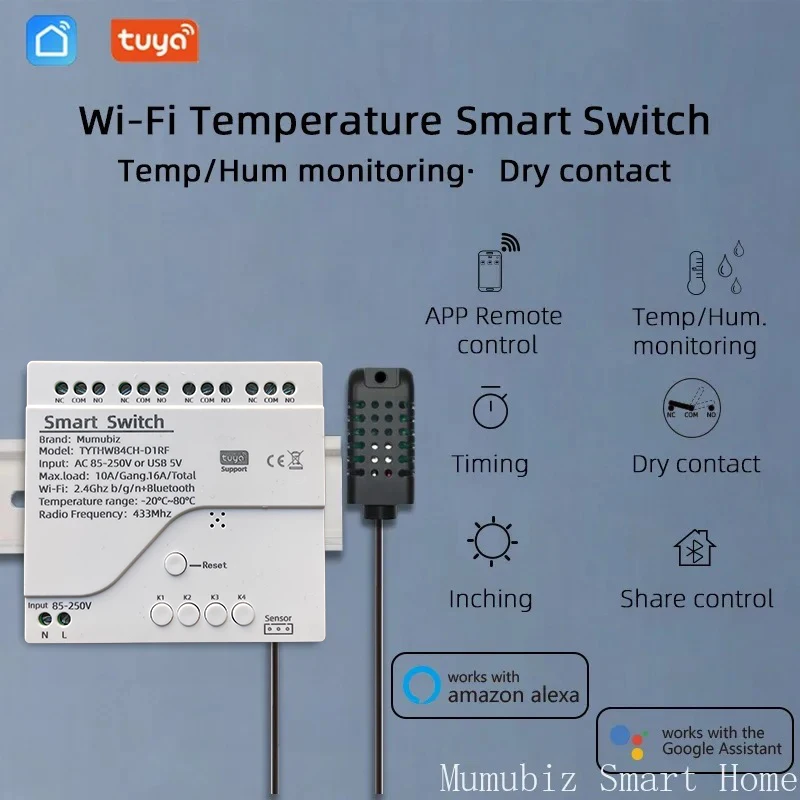 Tuya WiFi 250V 4 Channel Temperature Humidity Smart Switch,Smart Life APP, Passive Dry Contact Module Alexa Alice Compatible