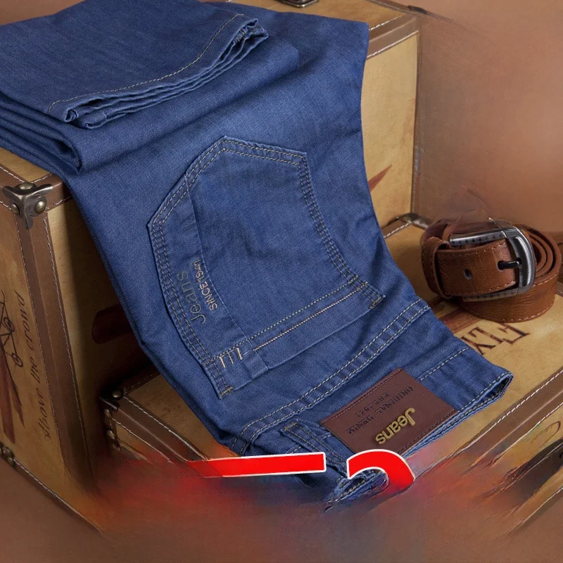 

Летние тонкие эластичные повседневные джинсы мужские, свободные прямые, больших размеров, универсальные, с высокой талией, длинные брюки прямого кроя