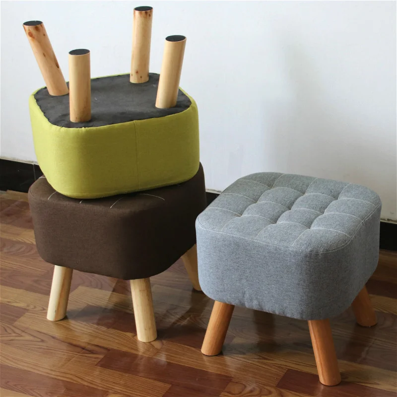 

Linen Padded Footstool Hallway Shoe Stool Sofa Side Footrest Square Pouffe Seat with Wooden Legs Living Room Bedroom