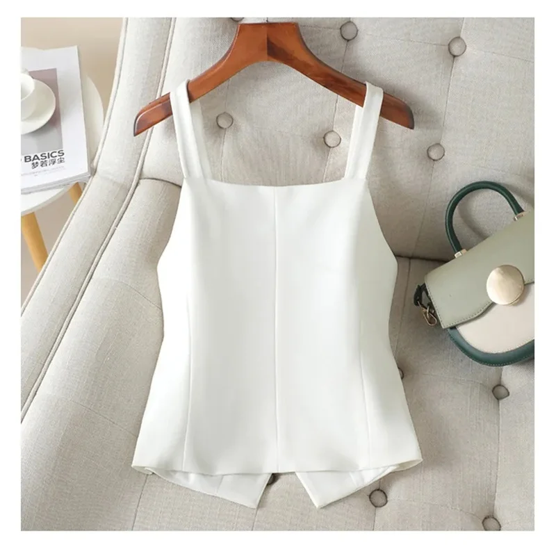 Korean 2024New Women's Blazer High End Casual Vest Waistcoat Female Commuting Slimming Collar Less Sleeveless Sling Short Jacket