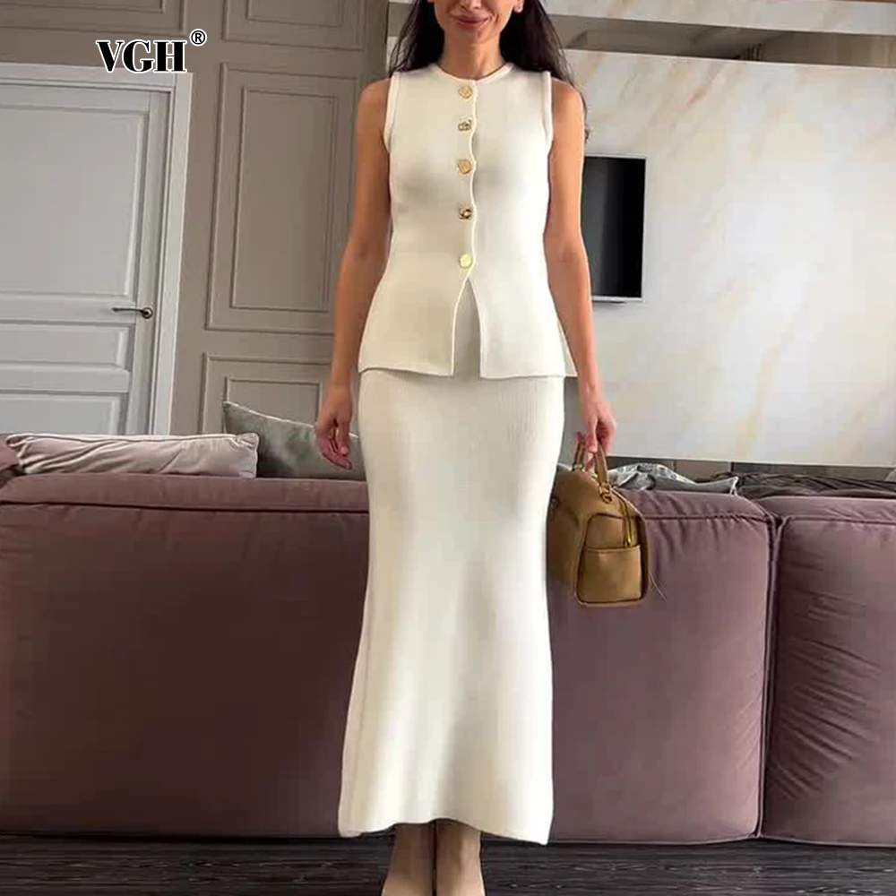 

VGH Slimming Solid Two Piece Sets For Women Round Neck Sleeveless Spliced Button Top High Waist Long Skirt Elegant Set Female