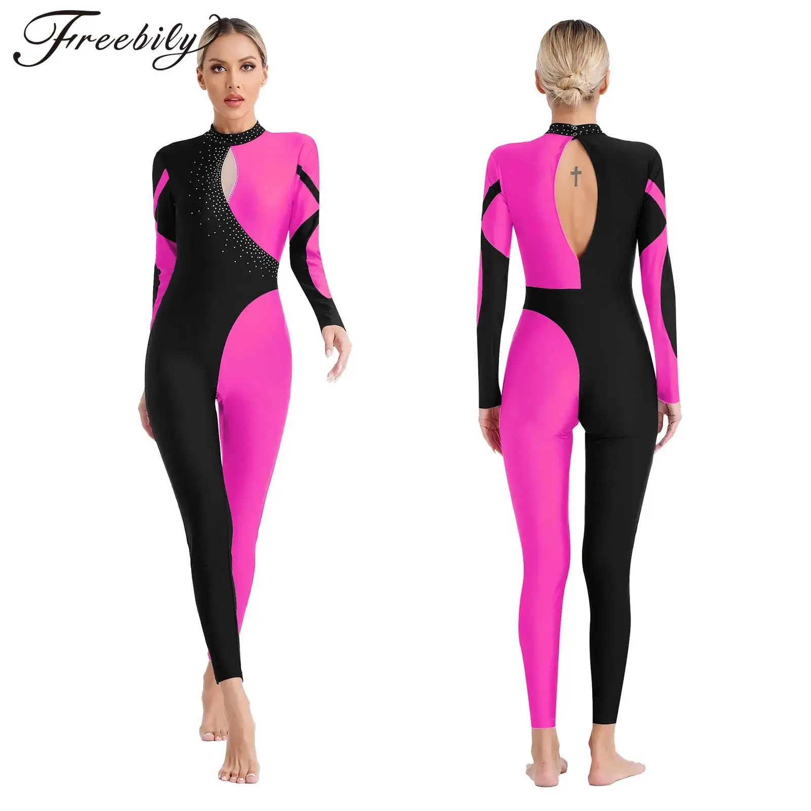 Women Ballet Gymnastics Leotard Figure Skating Acrobatics Yoga Dance Jumpsuit Long Sleeve Shiny Rhinestone Bodysuit Dancewear