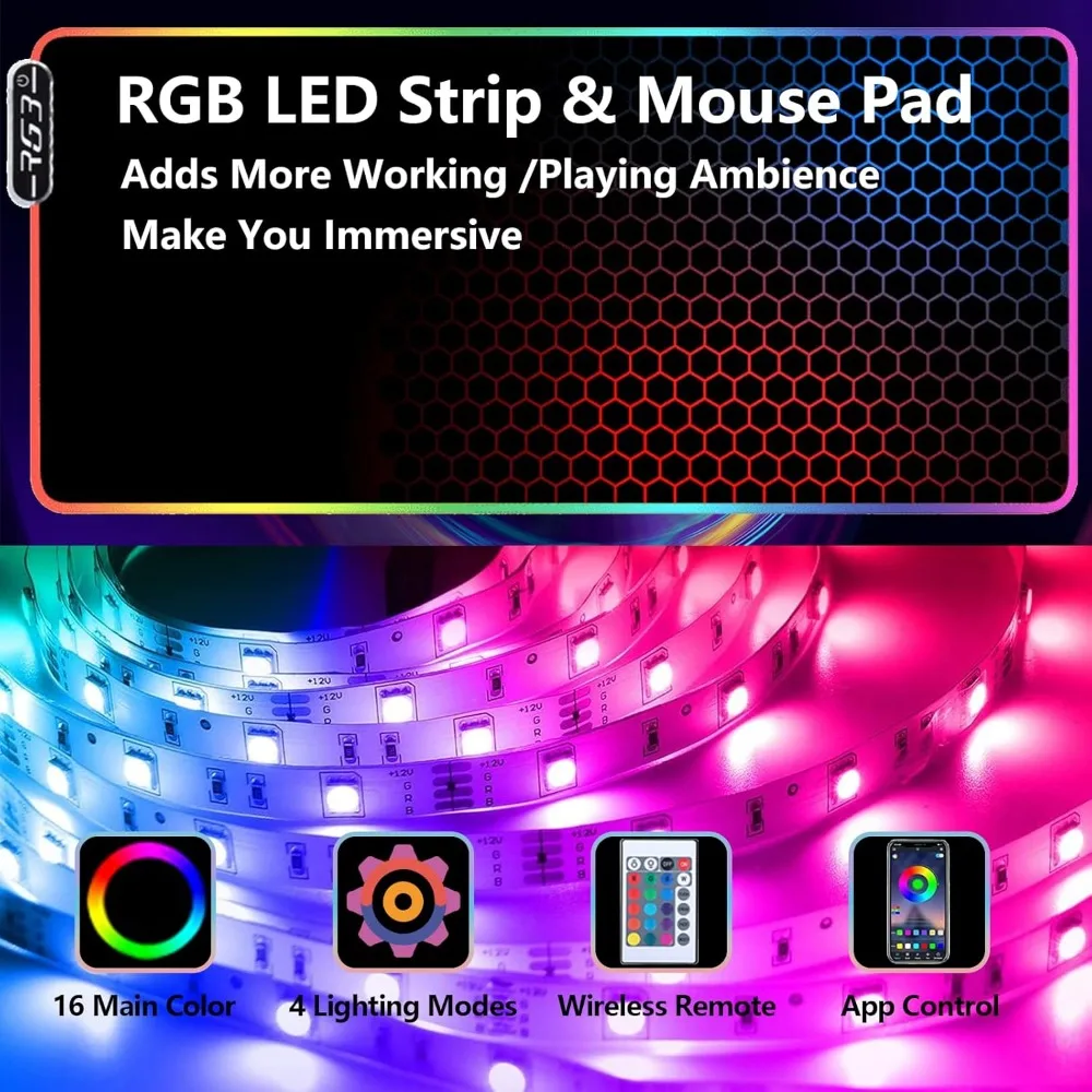 Computer Desk with Power Outlet & Led Light, 63" Large Wing-Shaped Gaming Desk with Full Monitor Stand, Wireless Charging, RGB