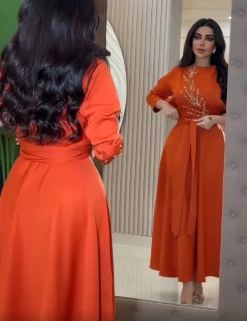 Orange Satin Full Sleeves A-Line Formal Event Applique Party Dresses O-Neck A-Line Custom Made Dubai Evening Gowns For Women