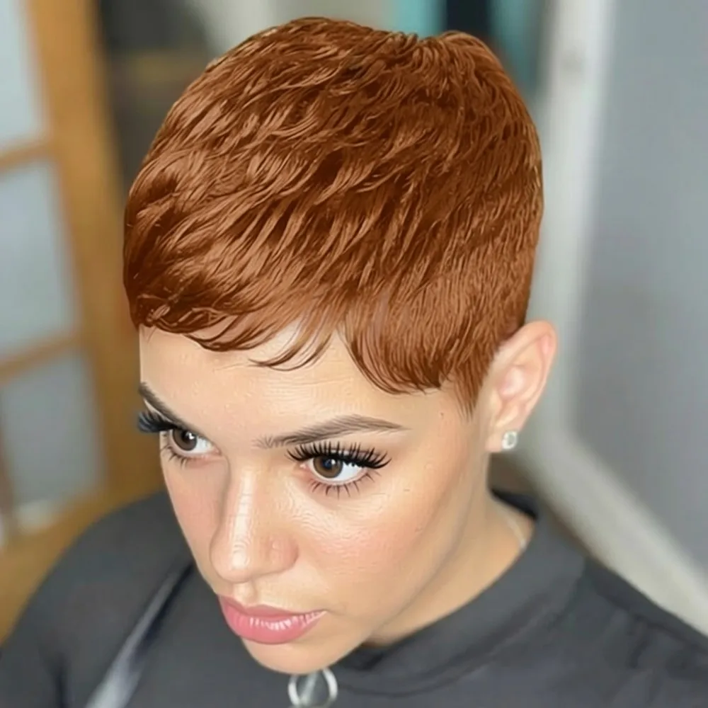 

Парик из натуральных волос для повседневного использования, многослойный, машинной работы, короткий прямой парик в стиле пикси, коричневый, черный, бордовый цвета, для женщин.