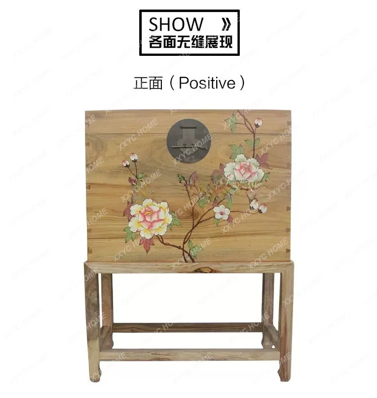New Chinese style camphor solid wood painted suitcase dowry marriage calligraphy and painting mosquito-proof moisture-proof box
