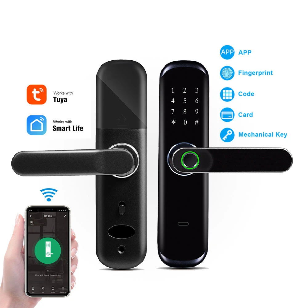 Home Electronics Tuya Wifi Wireless Door Lock Biometric Fingerprint Handle Waterproof Smart Lock with Security Key Card Code