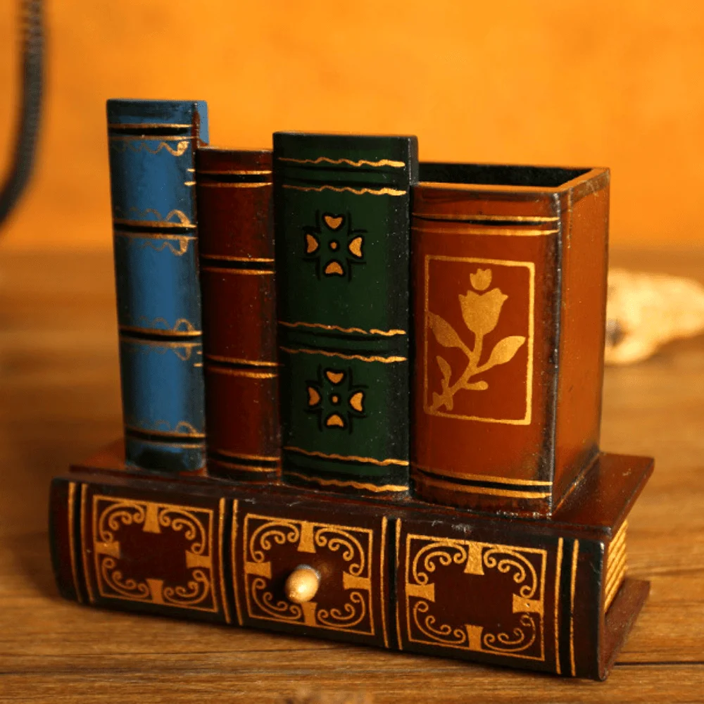 

1pc MyGift Vintage Library Books Desk Organizer - ABS Resin Caddy with Pencil & Pen Holder, Bottom Storage Drawer