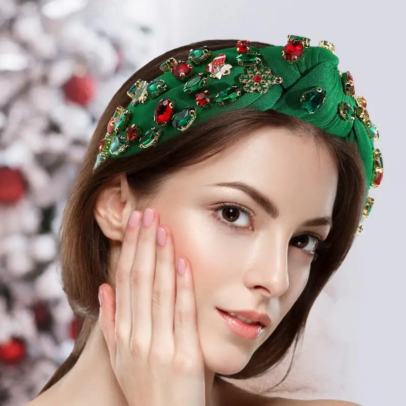 Christmas Knotted Headbands For Women Beaded Rhinestone Headbands Wide Hairband Exquisite Top Knot Hairband Festive For Dating