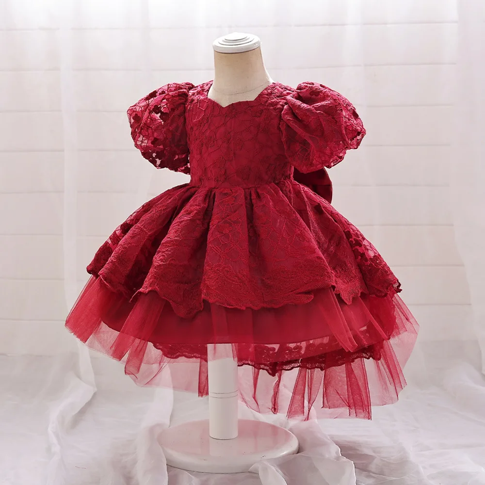 Baby Red Dress New Year Eve Clothes Girl Puff sleeves and Bow Multi-layer Mesh Dress Fluffy Cake Gown Birthday One-year-old Set