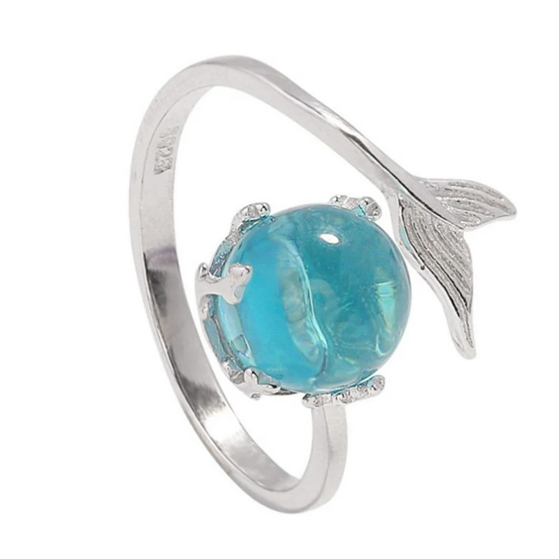 Mermaid Open Fish Tail Ring Blue Opal Adjustable Ring for Women