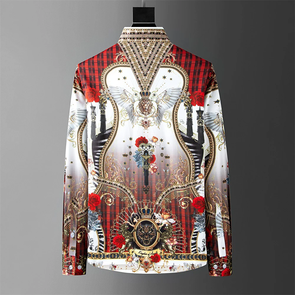 Mode Männer Luxus Retro Print Shirt Krone Diamant lässig Social Shirt Langarm Slim Fit Business Party Kleid Shirt XS-6XL