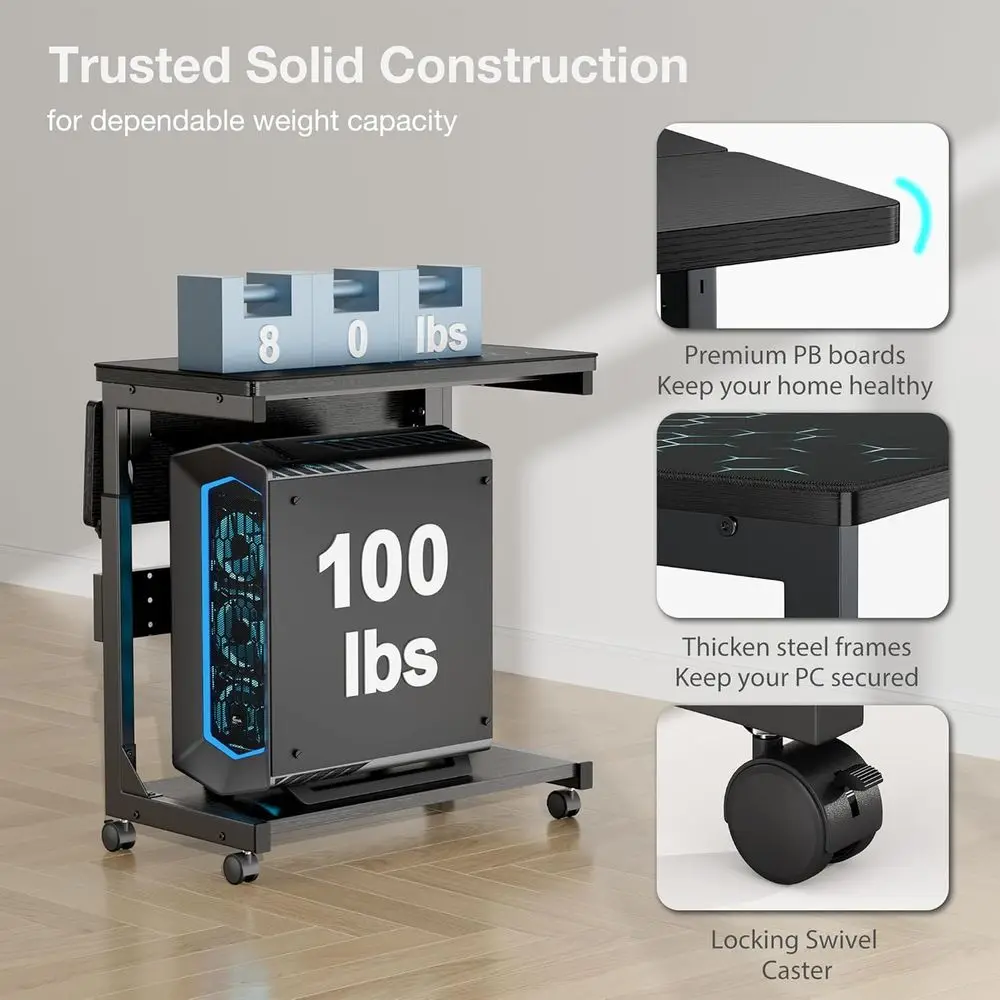 Verstellbarer 2-stufiger PC-Ständer unter dem Schreibtisch mit Rollen und Mauspad für Spiele und Aufbewahrung