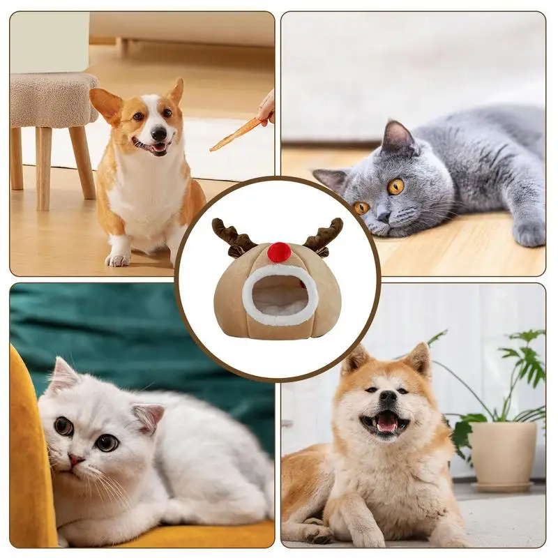 Christmas Reindeer Dog Nest With Soft Cushion Semi-Enclosed Cat House Bed Winter Warm Pet Cave Supplies For Puppy And Dogs