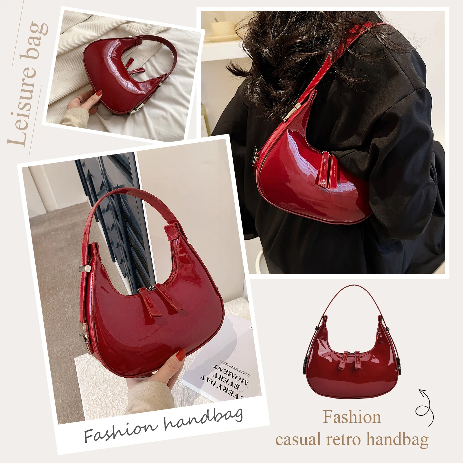 Torebka Half Moon Vintage PU Leather Mała Torebka na ramię dla kobiet Dziewczyny Torebka Hobo Luksusowe Retro Czerwone Torebki Damskie Torebki Pod